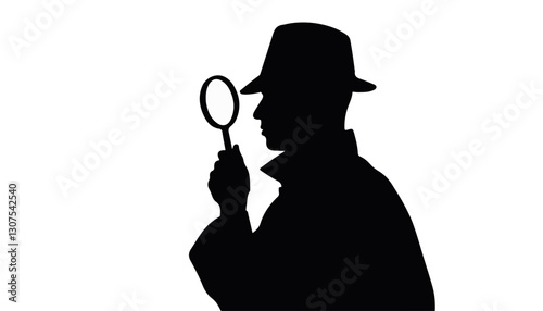 Detective silhouette holding magnifying glass against white background