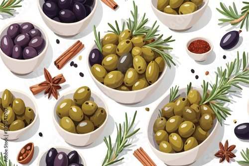 Assorted olives in bowls garnished with fresh rosemary and spices for Mediterranean cuisine