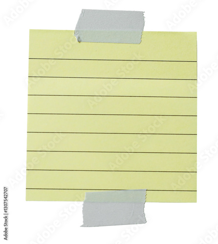 Empty note paper mockup. Message reminder card template isolated on transparent background. Yellow lined paper texture. Grey grunge ripped adhesive washi tape. Business office stationery object