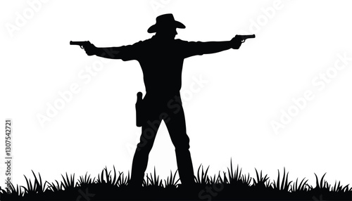 Silhouette of cowboy holding guns in grassy field