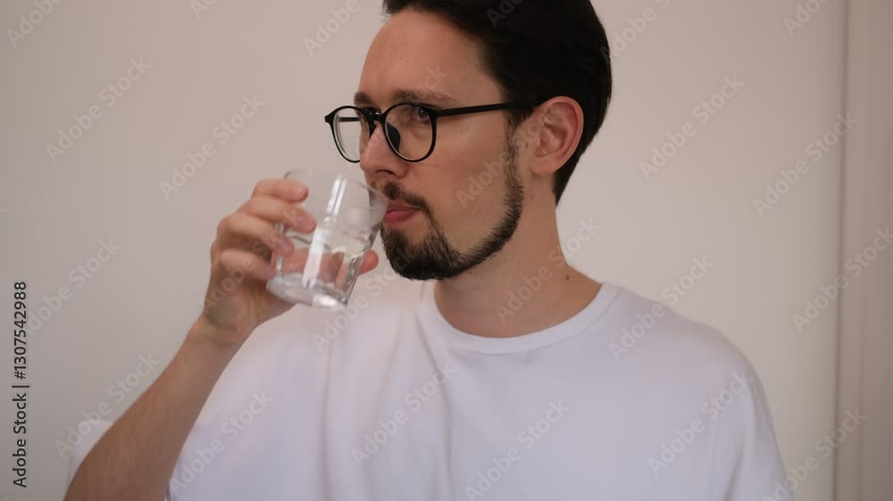 Brunette man drinks a glass of warm water in the morning Brunette man drinks a glass of warm water in the morning