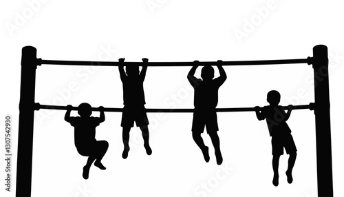 Children hanging on a horizontal bar against a white background