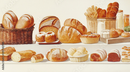 Freshly baked bread and pastries displayed on table, showcasing various types of loaves, rolls, and sweets, evoking warm, inviting atmosphere
