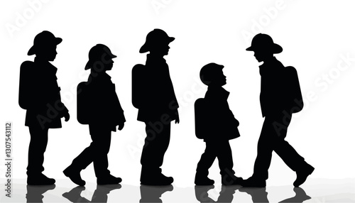 Silhouette of children walking together with backpacks