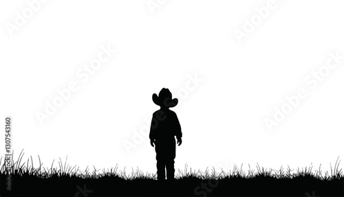 Silhouette of a child wearing a cowboy hat against a white background