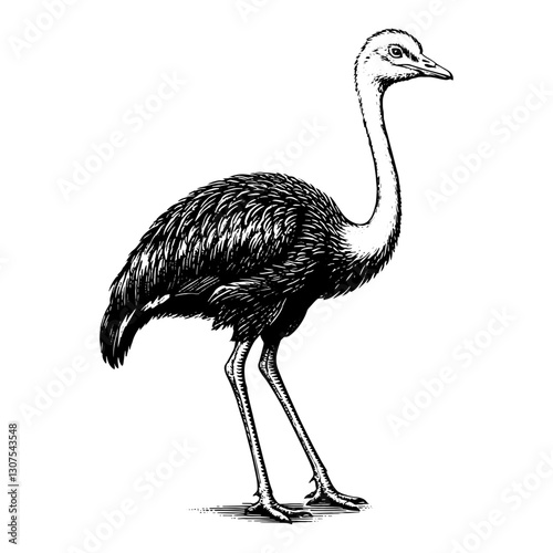 Rhea Woodcut vintage Monochrome black and white drawing animal Illustration