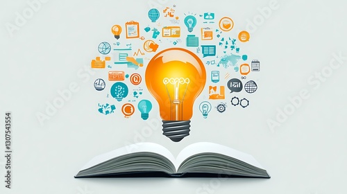 Creative Ideas Emanating from an Open Book, An open book with a glowing light bulb above it