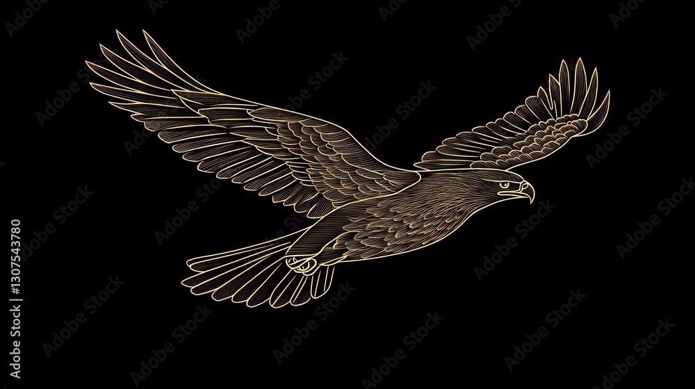Obraz premium Golden eagle illustration, wings spread, flying diagonally across a black background