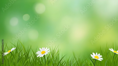 Delicate white daisies nestled among verdant grass, soft background blending into peaceful meadow landscape