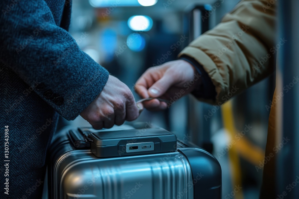 Obraz premium Close-Up of Hands Checking a Silver Suitcase at an Airport Checkpoint