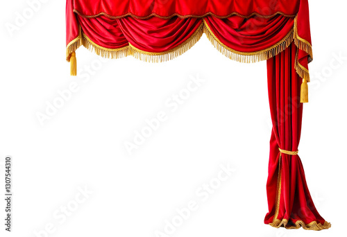 an opulent and luxurious red velvet stage curtain with intricate golden tassels, ornate fringes, and elegant drapery
