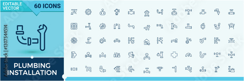 Plumbing modern icon. Featuring tap, toilet, plumbing installation, toolbox, bath, valve, plumb, water, service. Thin UI icon design. Editable stroke. Vector illustration.