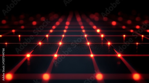 Bright red light and laser grid on a dark surface