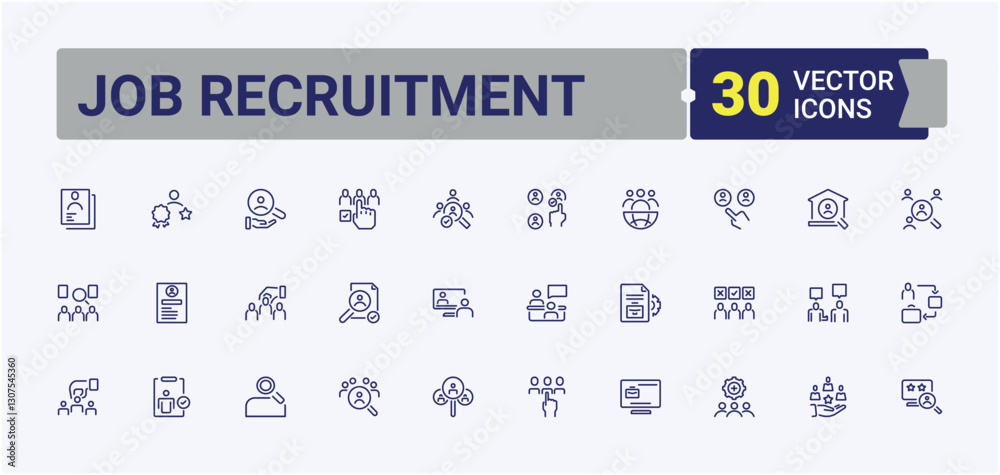 Naklejka premium Job Recruitment icon set. Contain linear outline icons hiring, manager, resource, partnership, people, recruit and more. Sign and Symbol. Minimalist editable vector stroke.