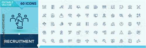 Recruitment line icons. It contains symbols to leadership, human resource, company, resume, contract, select and more. Pixel perfect. Minimal icon collections.