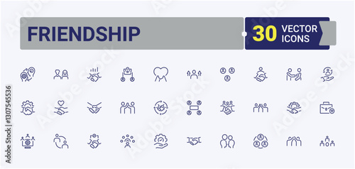 Friendship line icons set. Includes thin line work, friend, social, politic, relationship, team, partnership and more. Expanded stroke. Editable vector art.