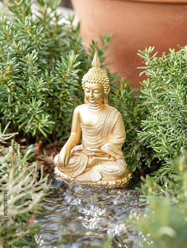 A golden Buddha statue in a serene temple garden, with flowing water blessings adding a calming touch to the peaceful landscape.