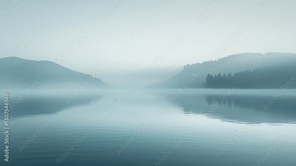 Fototapeta premium Calm lake scene with mountains shrouded in morning mist