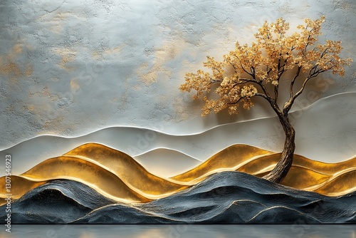 Fototapeta Naklejka Na Ścianę i Meble -  3D mural wallpaper shows white, gold waves, gold tree. Design embossed creating relief effect. Abstract art decorates wall background. Modern design for home . 32k Resolution 