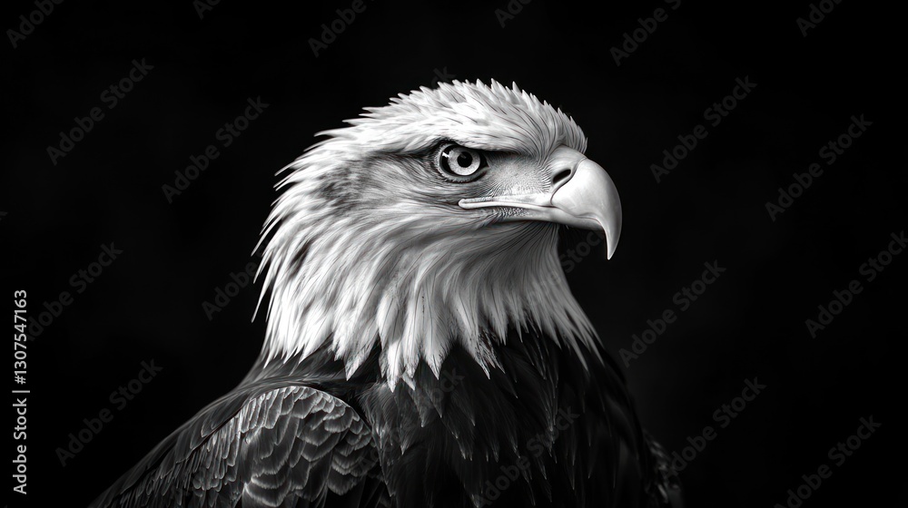 Obraz premium Eagle portrait. Bird looks left. Black background. Majestic, powerful, striking, impressive