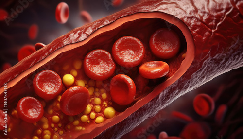 Closeup human artery problems clogged with bad cholesterol sediment. Atherosclerosis disease medical concept. Red blood cells blocked by plaque buildup of fatty compound as symbol of vascular illness