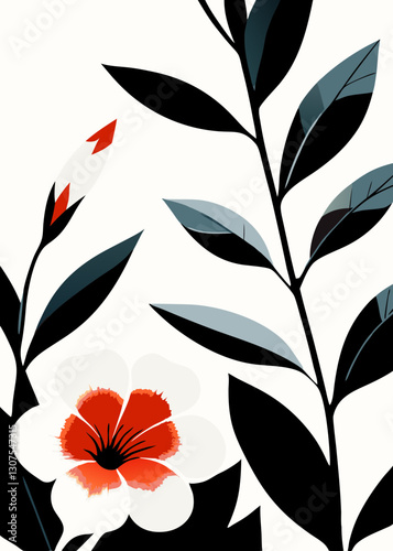 Elegant white flower with vibrant red center against white background. Minimalist botanical illustration with teal leaves. Looking eye-catching and refined. Concept: floral shop, interior design