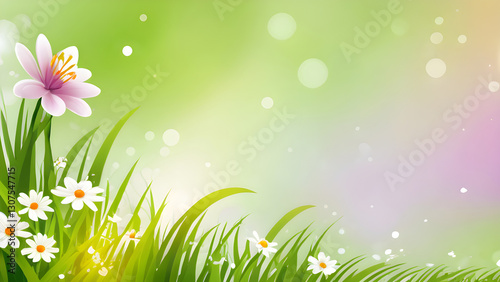 Pastel pink blossoms nestling among white daisies, vibrant green grass spreading beneath delicate flowering stems