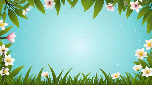 Green grass, bright wildflowers, verdant foliage framing clear azure sky, capturing peaceful landscape scene with natural harmony and soft summer serenity