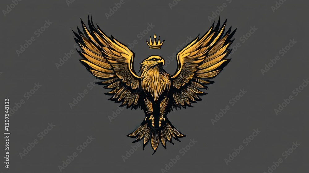 Obraz premium Golden Eagle in Flight, Symbol of Power, Gray Background. Possible Stock Photo