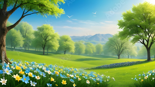 Beautiful green meadow with colorful flowers, lush trees and birds soaring in clear blue sky creates serene and idyllic spring scenery