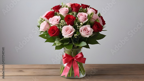 Delicate pink and red rose bouquet tied with red ribbon, resting in clear glass vase on rustic wooden surface with soft neutral backdrop
