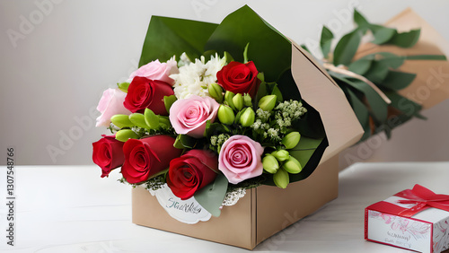 Beautiful bouquet of pink and red roses in a gift box, perfect for Valentine's Day or any special occasion