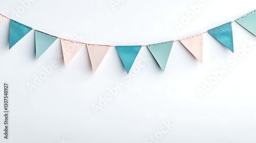 A sleek row of triangular pennant banners in muted modern tones, evenly spaced and strung horizontally across a clean white background, capturing a contemporary minimalist aesthetic.