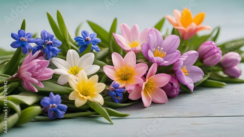 Vibrant spring blossoms scattered on weathered blue wooden surface, highlighting seasonal botanical freshness