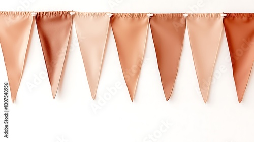 A sleek row of triangular pennant banners in muted modern tones, evenly spaced and strung horizontally across a clean white background, capturing a contemporary minimalist aesthetic.