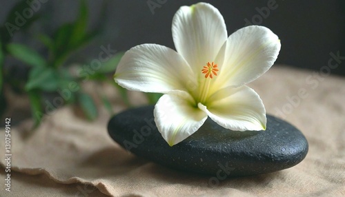 White Flower on Black Stone in Calm Setting