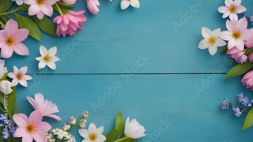 Pastel blooms framing weathered blue wooden surface with delicate floral composition