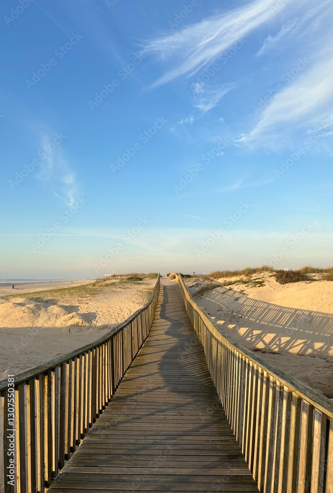 Wooden boardwalk over the coastal sand dunes near Espinho, Aveiro, Portugal, January 2024