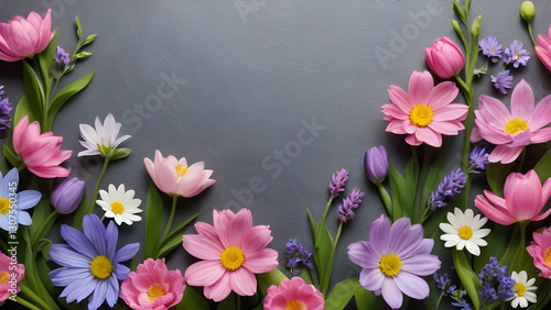 Pastel floral border framing dark gray negative space with soft hued blossoming petals