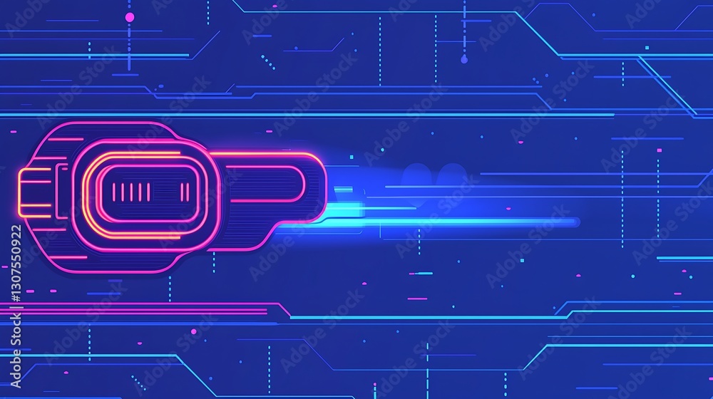 Naklejka premium A vibrant neon-style water gun illustration, glowing brightly in neon hues against a contemporary blue background, capturing a modern and energetic atmosphere.