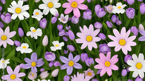 Beautiful pink, white and purple daisies and tulips create a vibrant floral background, celebrating the beauty of springtime