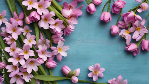 Delicate pink rain lilies and tulips create a border on a textured light blue wooden surface, offering space for text or design