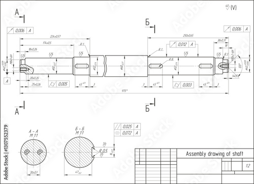 Assembly drawing of shaft of electrical reducer.
Vector design of steel mechanical device with 
dimension lines.
Engineering technic computer cad scheme on 
paper sheet. Hand drawn pencil sketch.