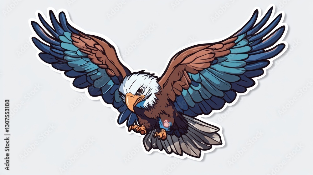 Fototapeta premium Stylized bald eagle soaring mid-flight; bright colors against a plain, light gray backdrop