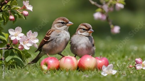 Sparrows perching on ripe red apples amid pink blossoms, lush garden grass creating soft springtime scene