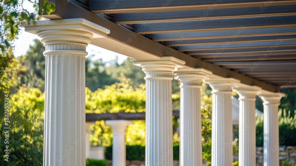 Classic columns under pergola, garden view, sunlit Classic columns under pergola, garden view, sunlit