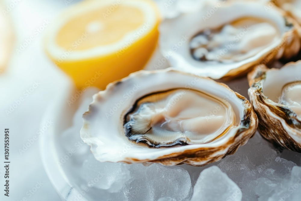 Close-up of fresh oysters served with lemon wedges Close-up of fresh oysters served with lemon wedges