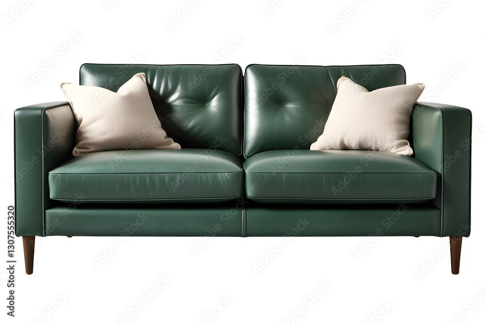 Obraz premium A perfectly centered, front-facing view of a modern two-seater caramel-green leather sofa