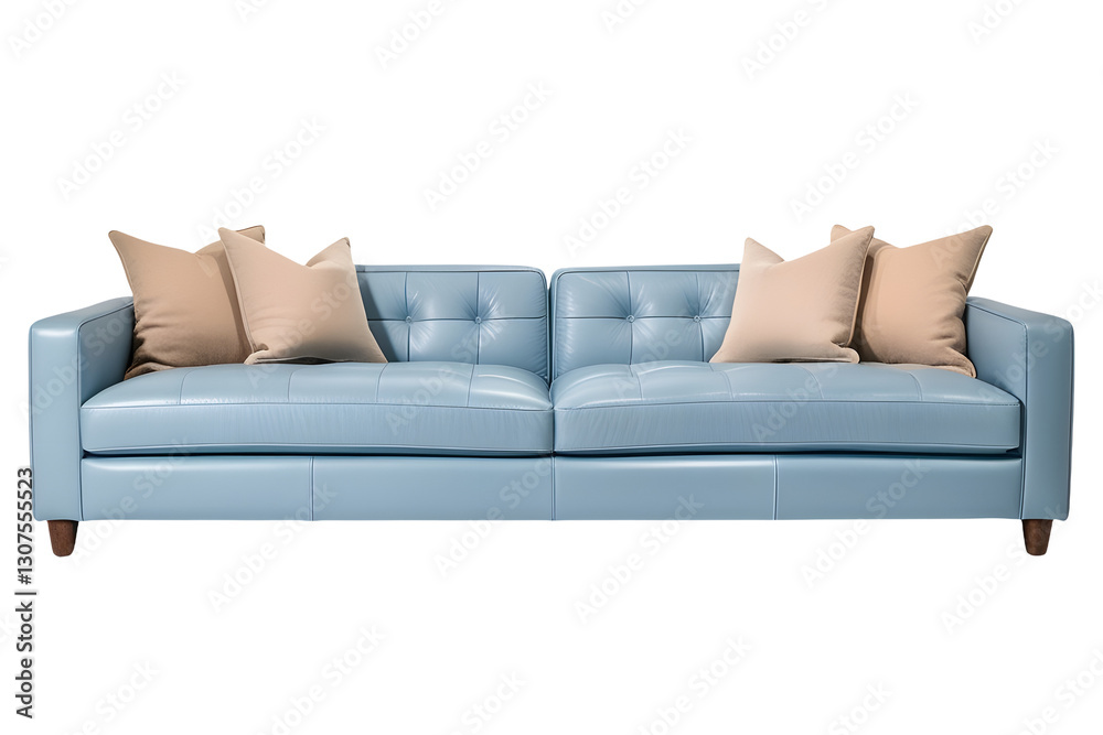 Obraz premium A perfectly centered, front-facing view of a modern two-seater caramel-wihte leather sofa