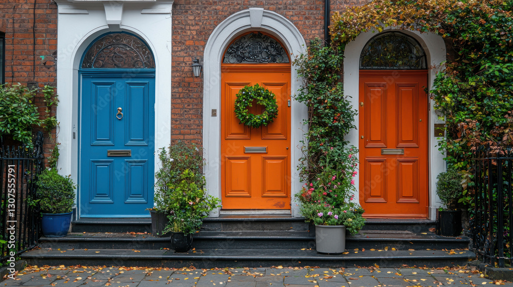 Three colorful doors on a brick building with plants and autumn leaves.